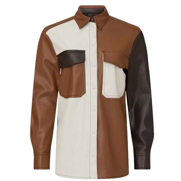 SFIZIO Women's Brown Color Block Faux Leather Patchwork Shacket Size Medium NWOT - Picture 5 of 14